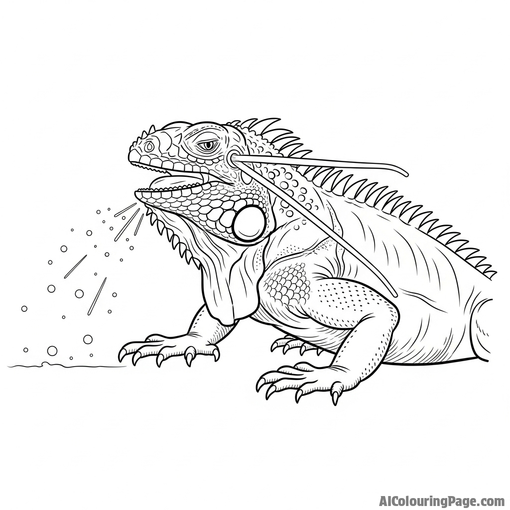 An iguana captured in mid-sneeze, expelling salt from its nasal glands.