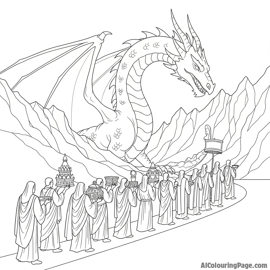 A procession of robed figures making an offering to a colossal, mountain-sized dragon.