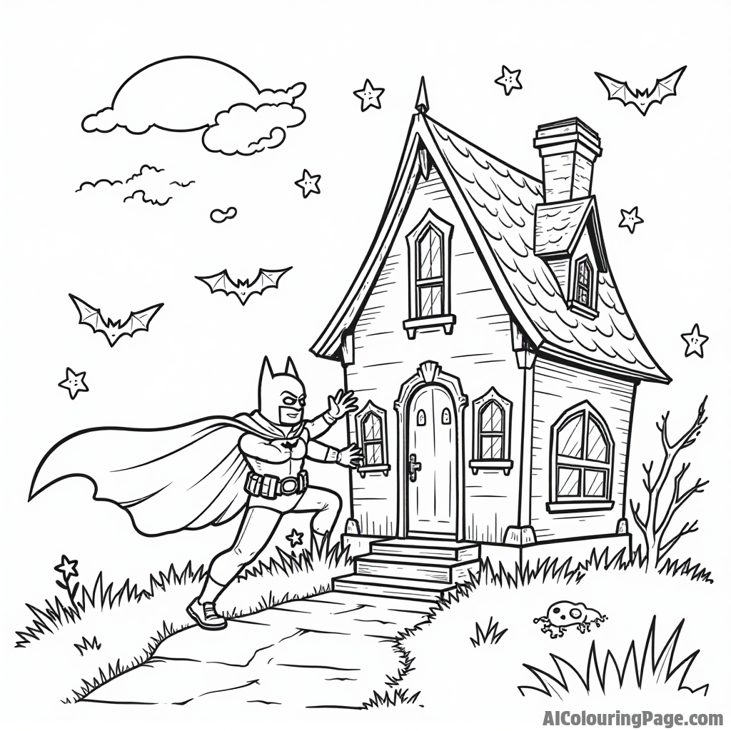 Batman exploring a spooky haunted house with friendly ghosts and bats flying around in a fun, playful way.