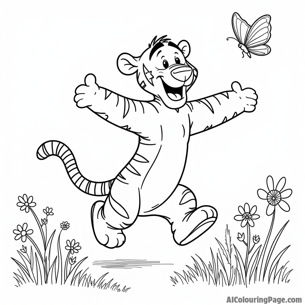 Tigger bouncing happily in the meadow, with a patch of colorful flowers and a butterfly fluttering nearby.