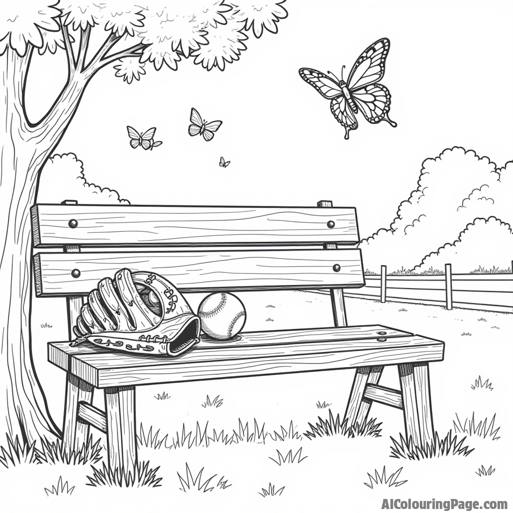 A baseball glove and a ball on a wooden bench, a sunny day in the background, and butterflies fluttering around, inviting kids to add their favorite colors and designs.