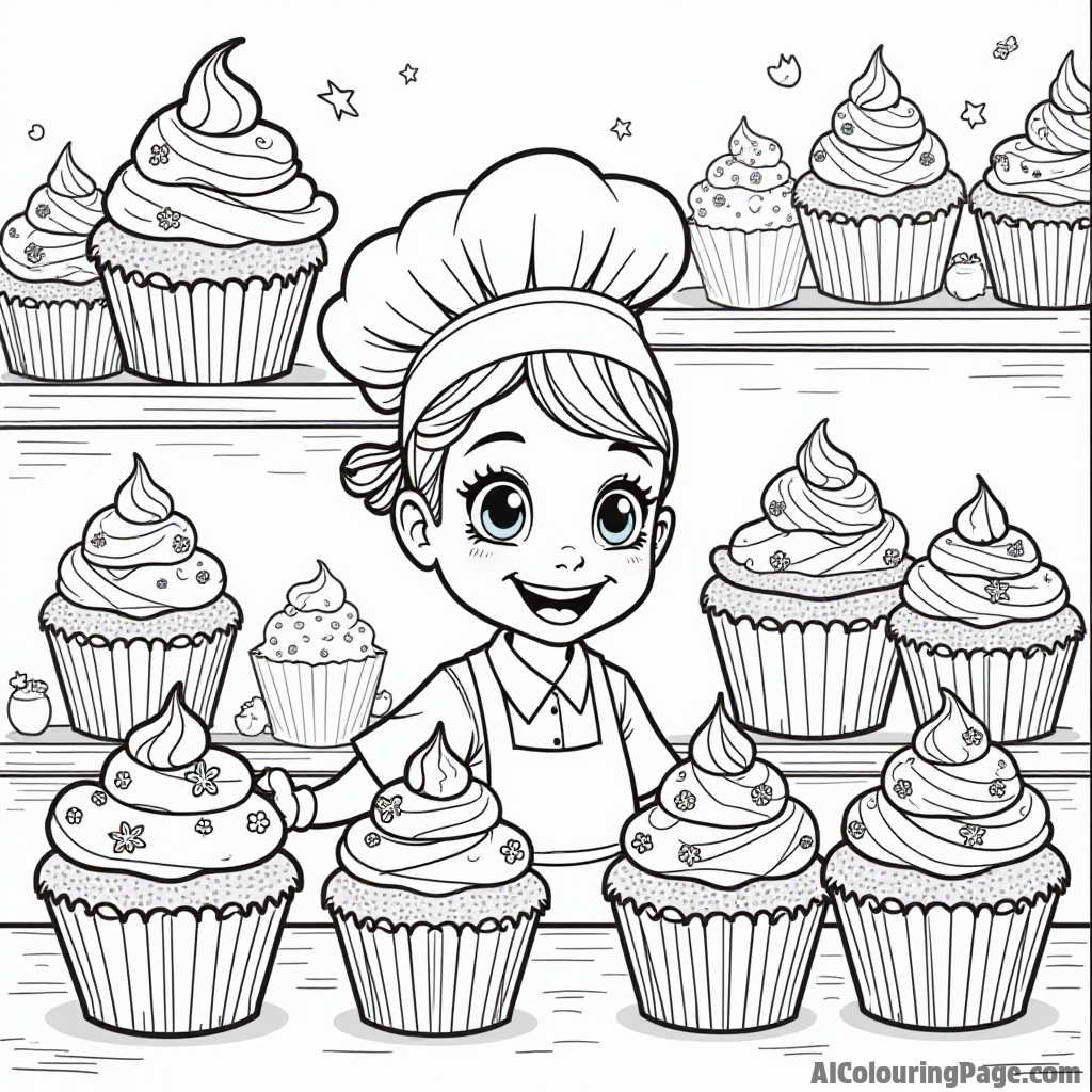 A whimsical cupcake shop filled with various decorated cupcakes, a cheerful baker, and colorful frosting swirls in the background.