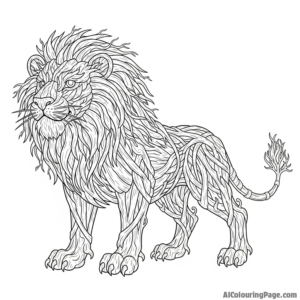 A fantasy lion made entirely of woven tree branches and gnarled roots.