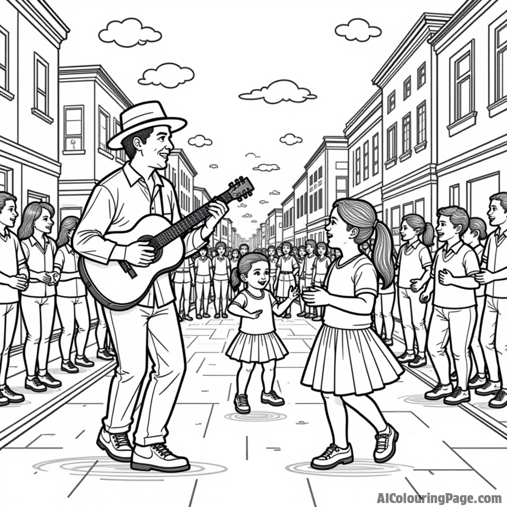 A lively street performer playing music, children dancing along, and a colorful crowd enjoying the show, ideal for a Festivals and Traditions Coloring Sheet.