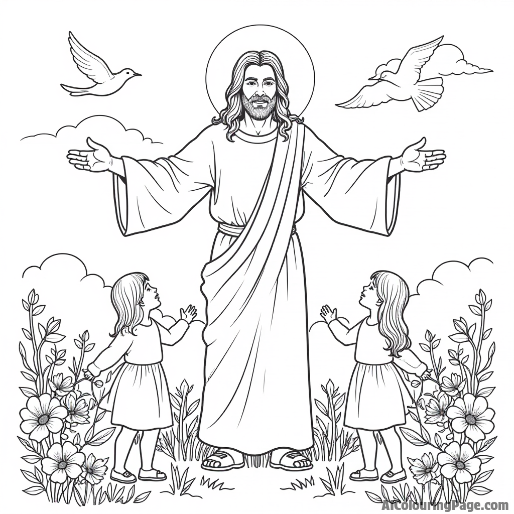 Jesus with open arms, welcoming children, colorful flowers blooming around, birds flying in a clear sky