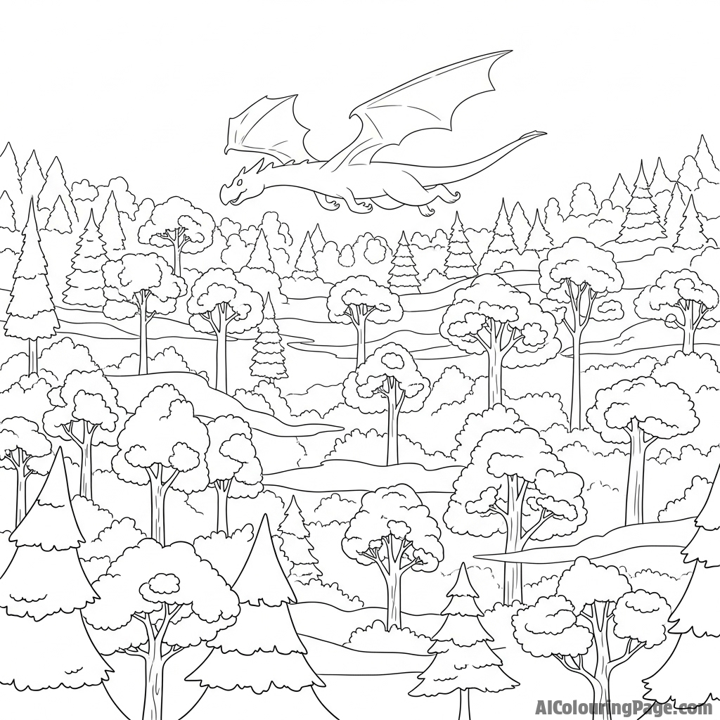 A dragon's shadow passing over a dense, misty forest.