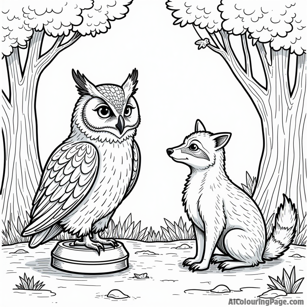 An enchanted forest scene featuring chess pieces as woodland characters, including a wise old bishop owl and a mischievous rook raccoon, inviting imagination and creativity in young artists.