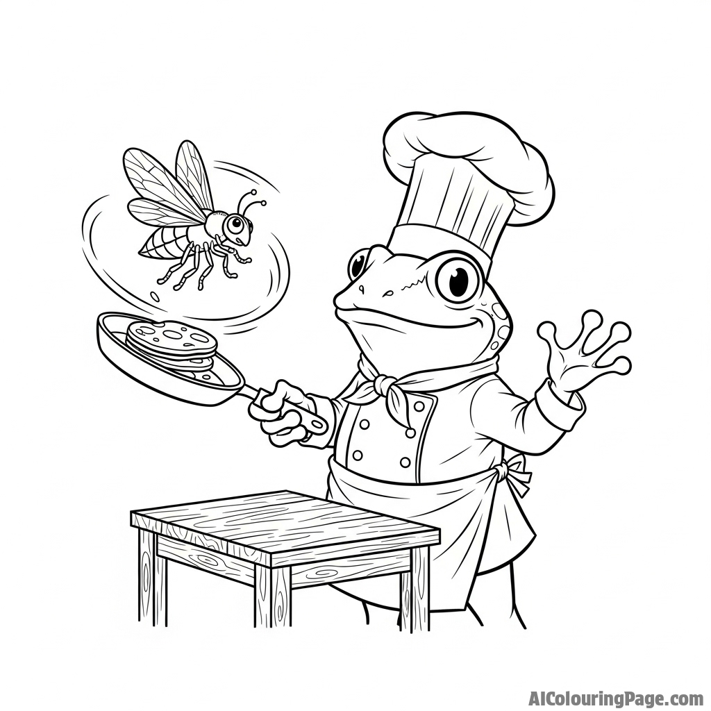 A frog chef in a toque, expertly flipping a pancake-sized insect.