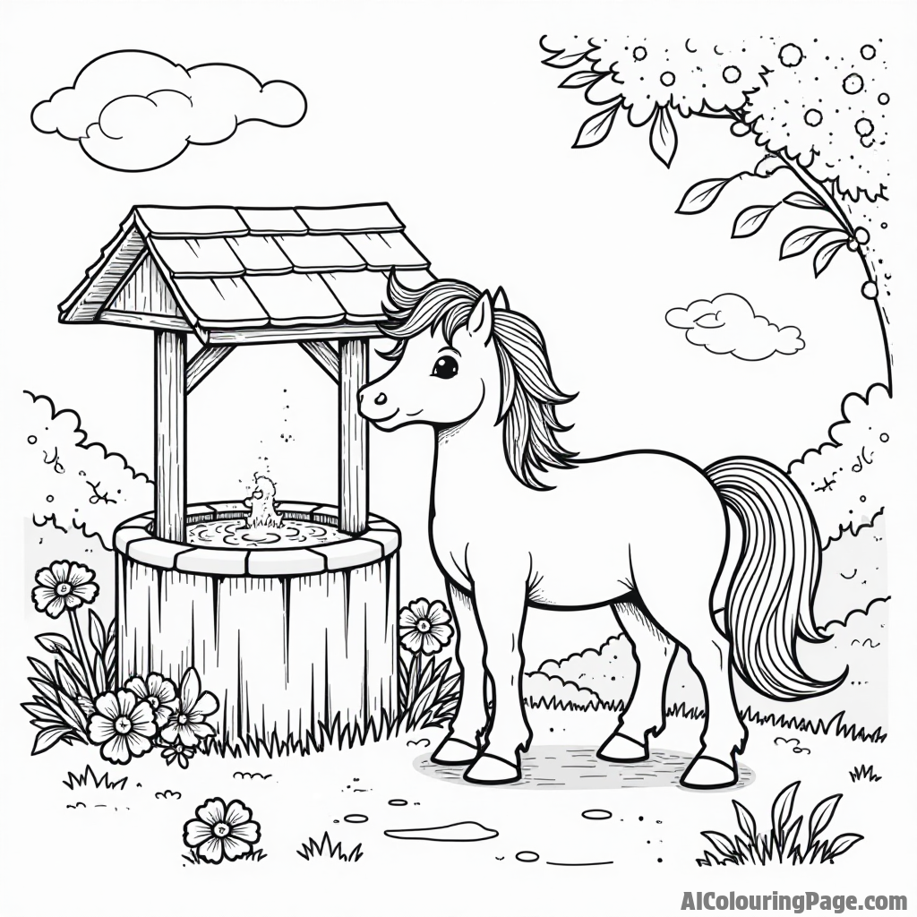 A pony standing near a wishing well surrounded by flowers and a sparkling waterfall cascading nearby.