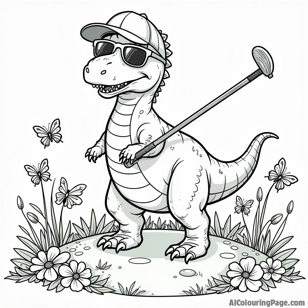 A golfing dinosaur wearing sunglasses, swinging a club while standing on a lush green hill, with colorful flowers and butterflies fluttering around for kids to color.