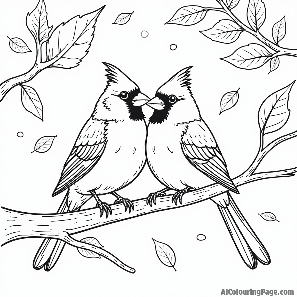 A pair of cardinals nestled together on a branch, surrounded by falling leaves in autumn, perfect for coloring relaxation.