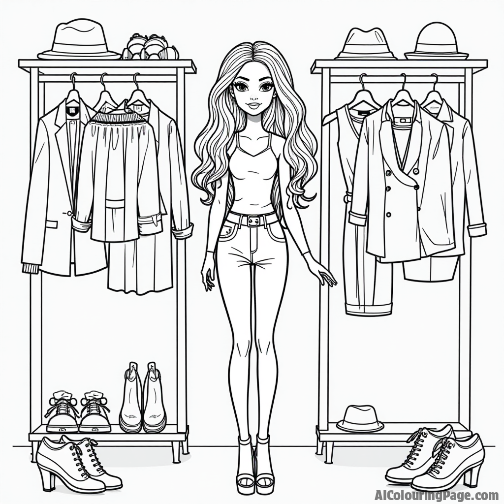 A fashion doll trying on different outfits in a stylish closet, surrounded by accessories like hats and shoes, perfect for a fun coloring activity.