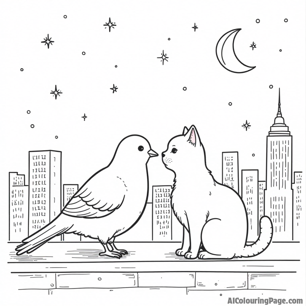 A dove and a cat sharing a rooftop view of the city at night, with twinkling stars and a crescent moon for coloring.