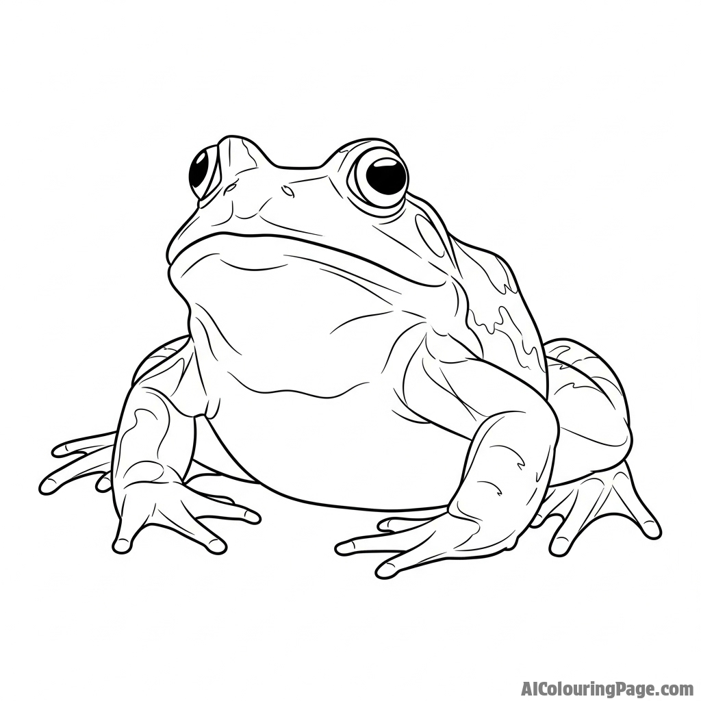 A low-angle shot of a bullfrog, making it appear monumental.