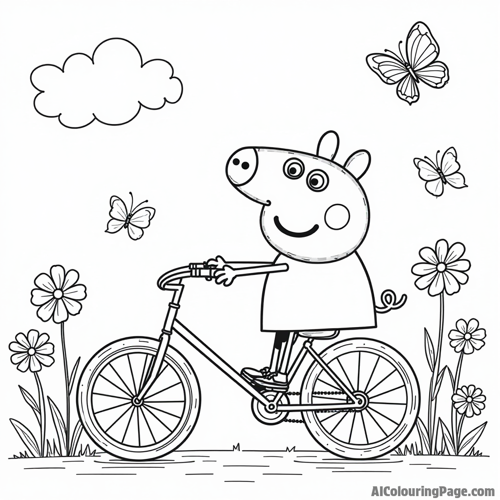 Peppa Pig riding her bicycle with George Pig, surrounded by colorful flowers and butterflies fluttering in the air.