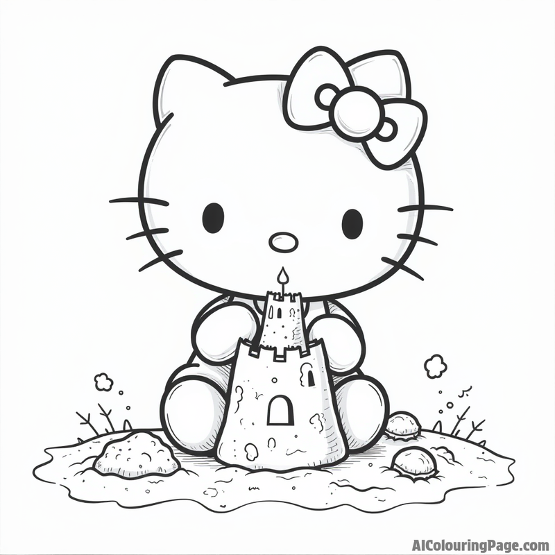 Hello Kitty building a sandcastle