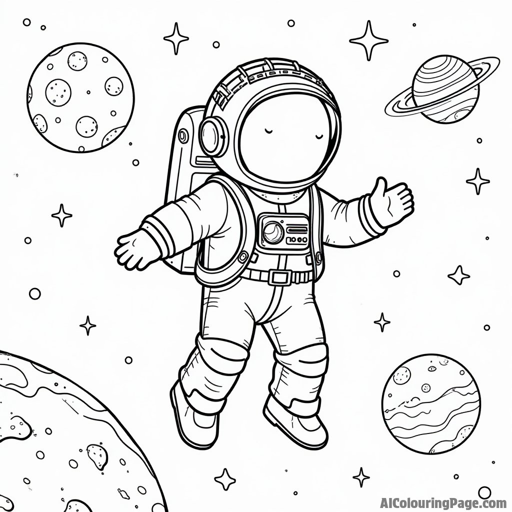 A taco astronaut floating in space, with planets made of food and stars shining brightly, inviting kids to color.