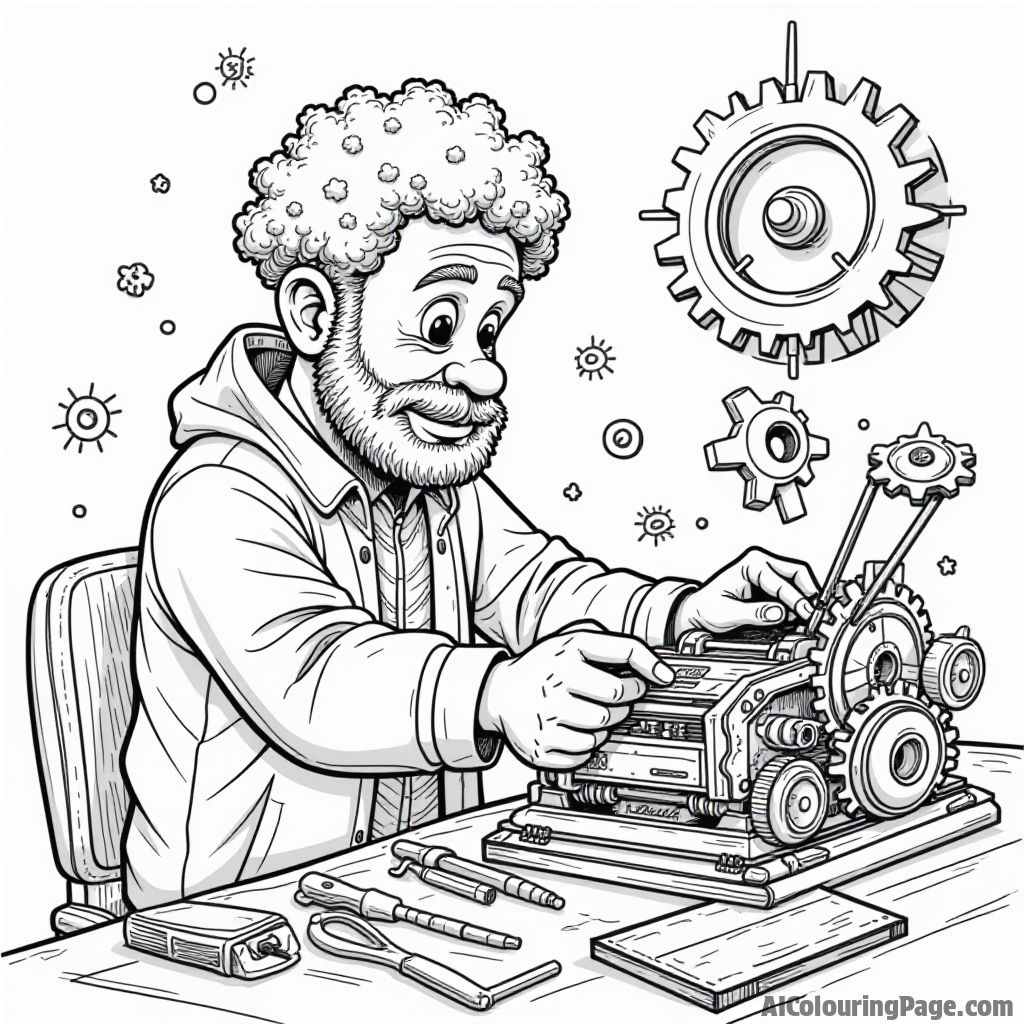 A black inventor working on a groundbreaking machine, with gears and tools scattered around, illustrating innovation and creativity, crafted for a children's black and white coloring experience.