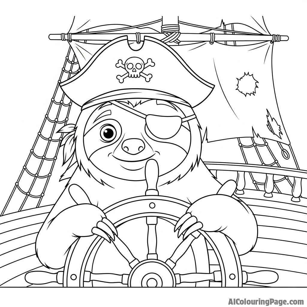 A sloth pirate with an eyepatch and a tiny hat, at the wheel of a ship.