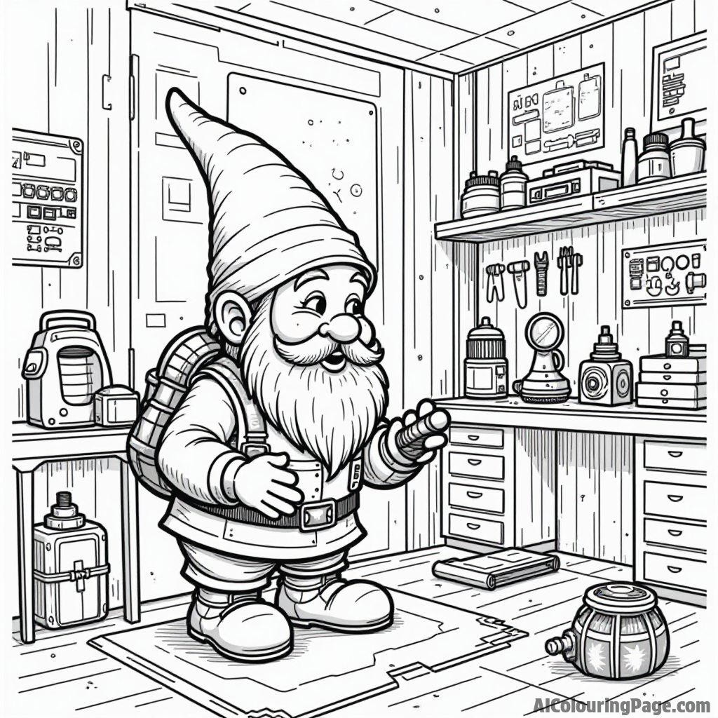 A gnome building a spaceship with colorful parts in a workshop filled with tools, blueprints, and gadgets everywhere.