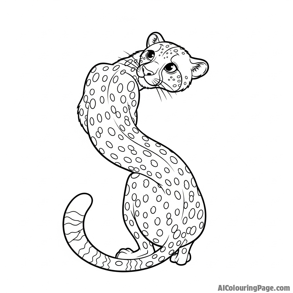The sinuous, S-shaped curve of a cheetah's body as it turns its head to look behind.