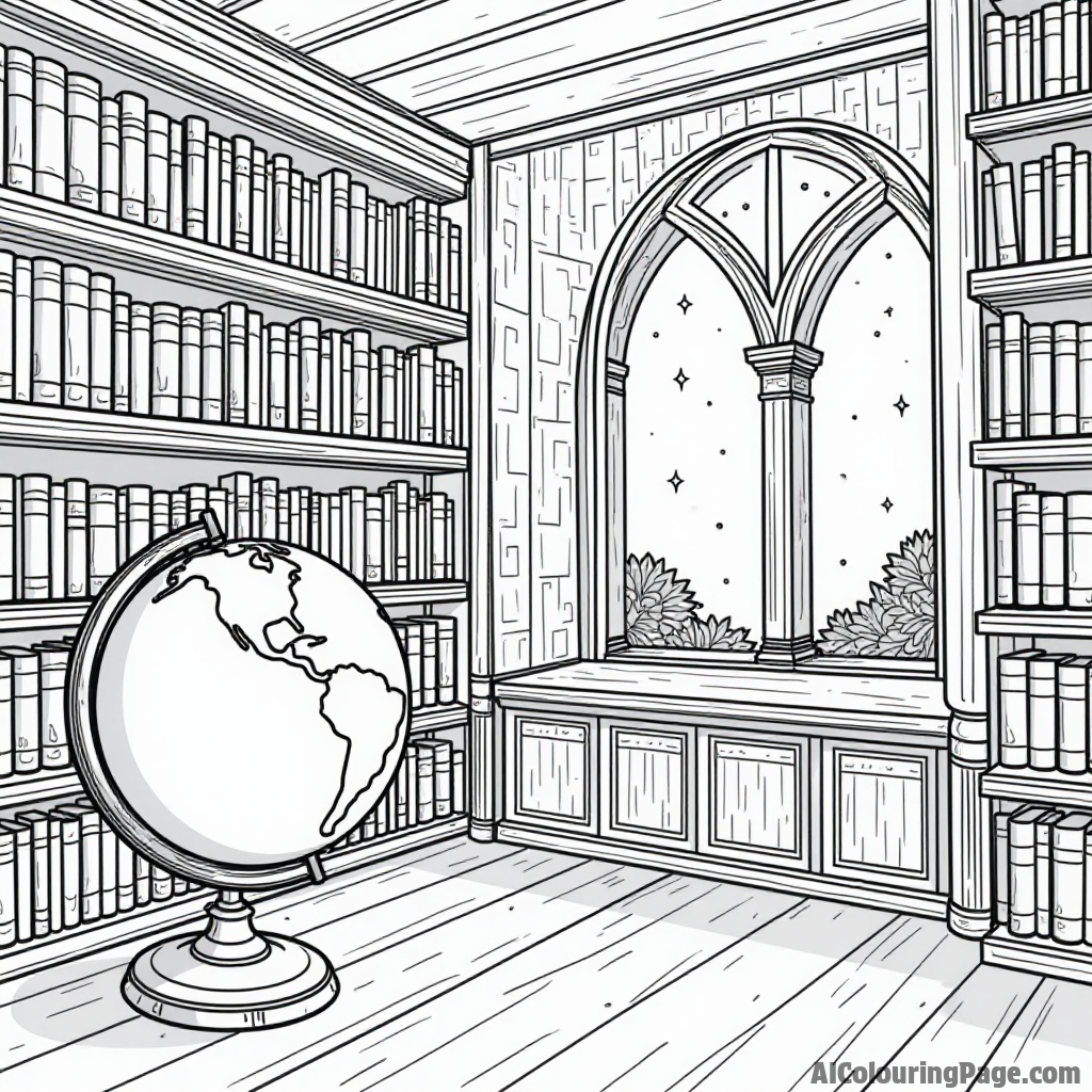 A wizard's library filled with shelves of ancient books, a globe, and a window showing a starry night.