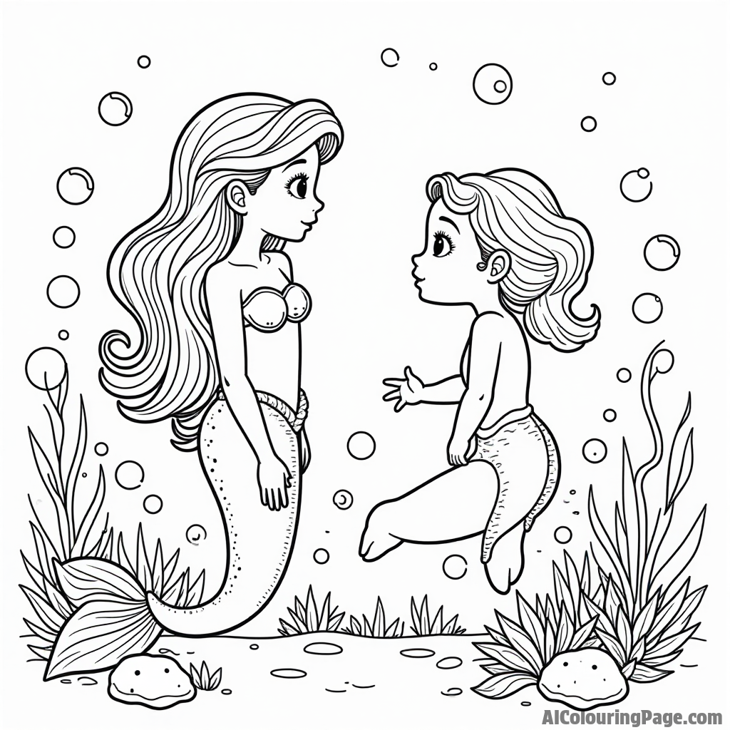 A mermaid and a starfish sharing secrets, with bubbles floating around them in a magical underwater garden.