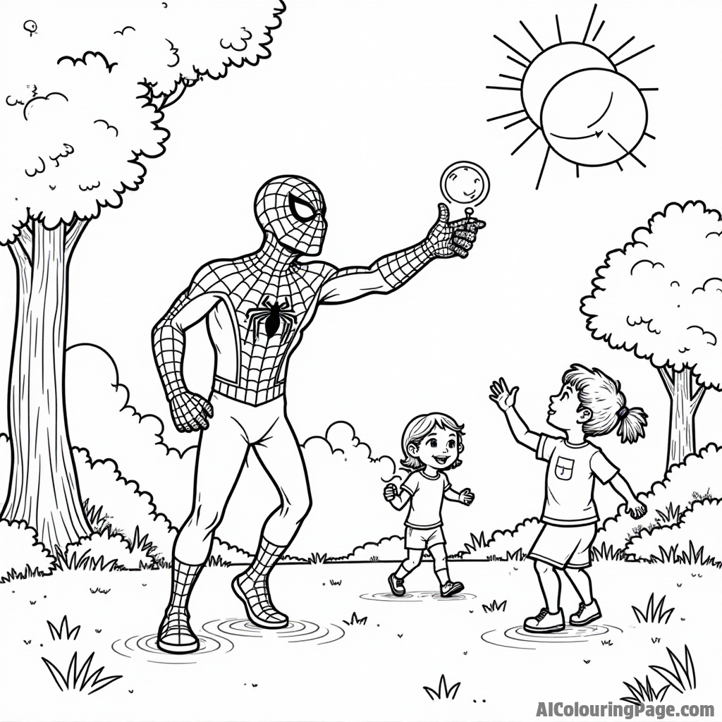 Spiderman playing with bubbles in a park, children chasing them, a bright sun shining down on the fun