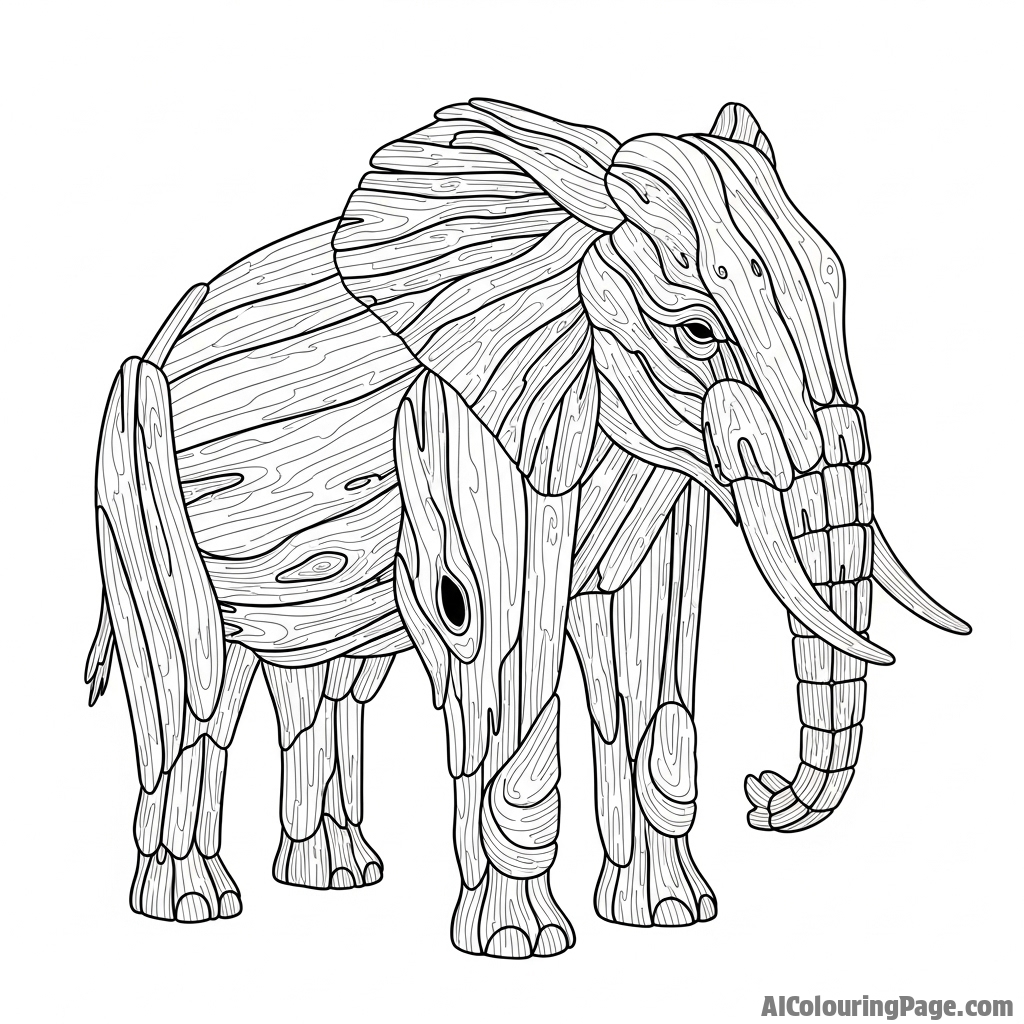 An elephant sculpted from interlocking pieces of driftwood, weathered by the sea.