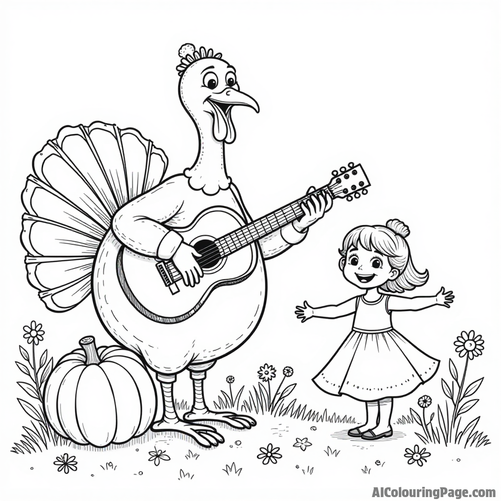 A whimsical turkey playing a guitar next to a pumpkin and a small child dancing in a field of flowers