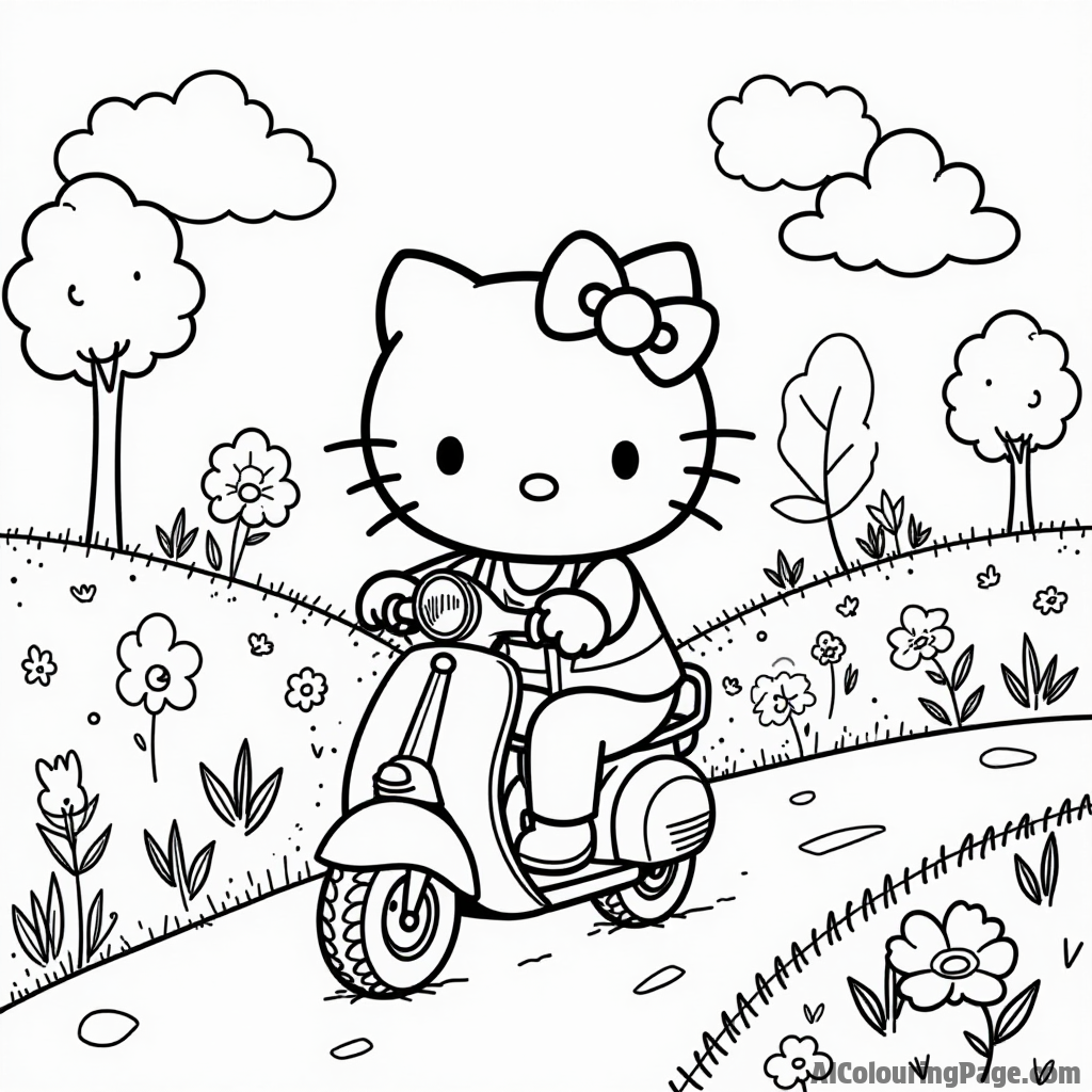 Hello Kitty riding a scooter down a fun path with trees, flowers, and a bright blue sky