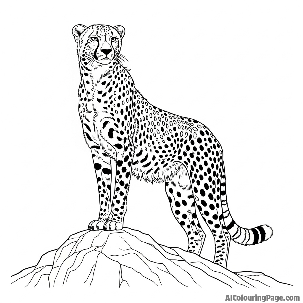 A powerful cheetah standing majestically on a kopje, the wind ruffling its fur.