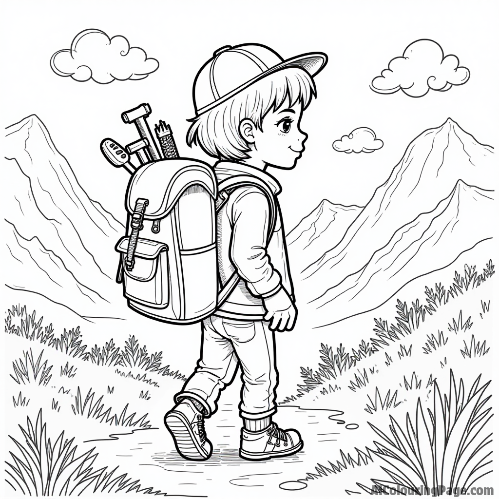 A character with a magical backpack filled with tools, ready to embark on an adventure in a vibrant landscape