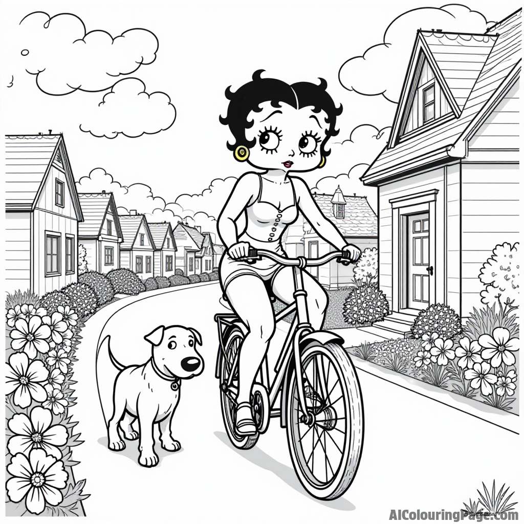 Betty Boop riding a bicycle through a quaint town with flowers lining the streets and a friendly dog beside her