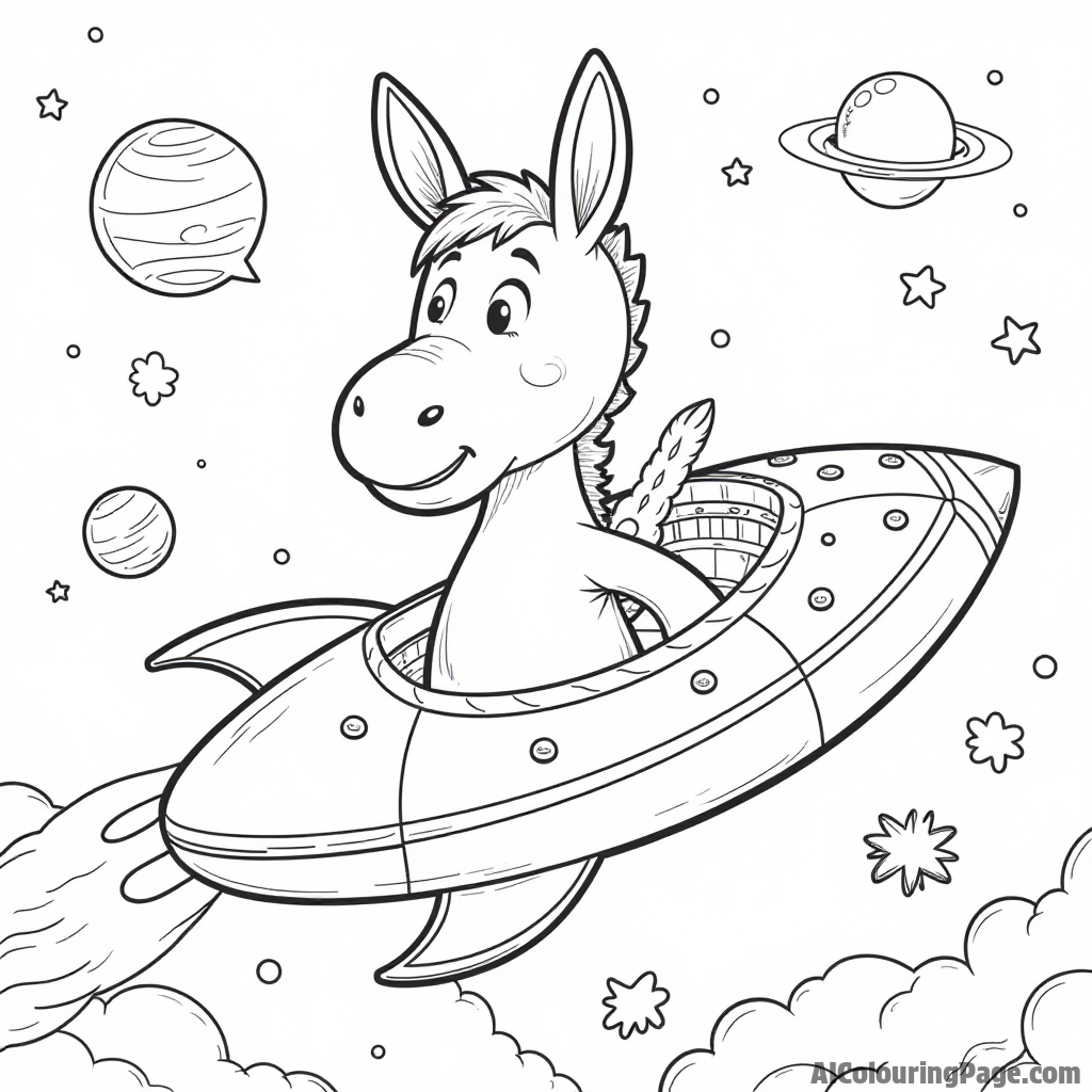 A donkey in a spaceship exploring outer space, surrounded by stars and planets, with a smile on its face