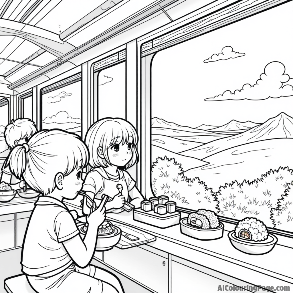 A sushi-themed train journey with children enjoying sushi on board, looking out the window at a beautiful landscape.