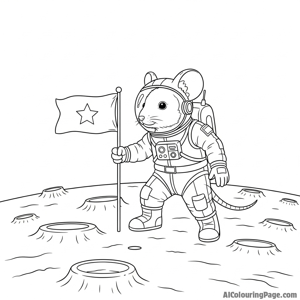 A futuristic mouse astronaut planting a tiny flag on a cratered surface.