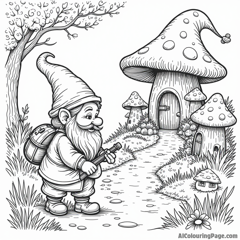 A gnome playing in a mushroom village with tiny houses and whimsical creatures bustling around in the background.