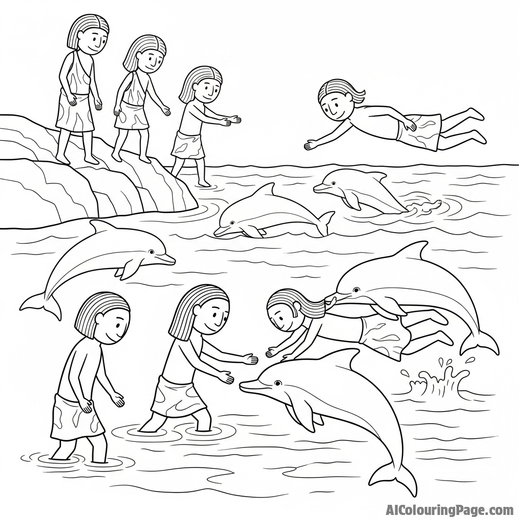 A cave painting-style depiction of ancient humans and dolphins interacting.