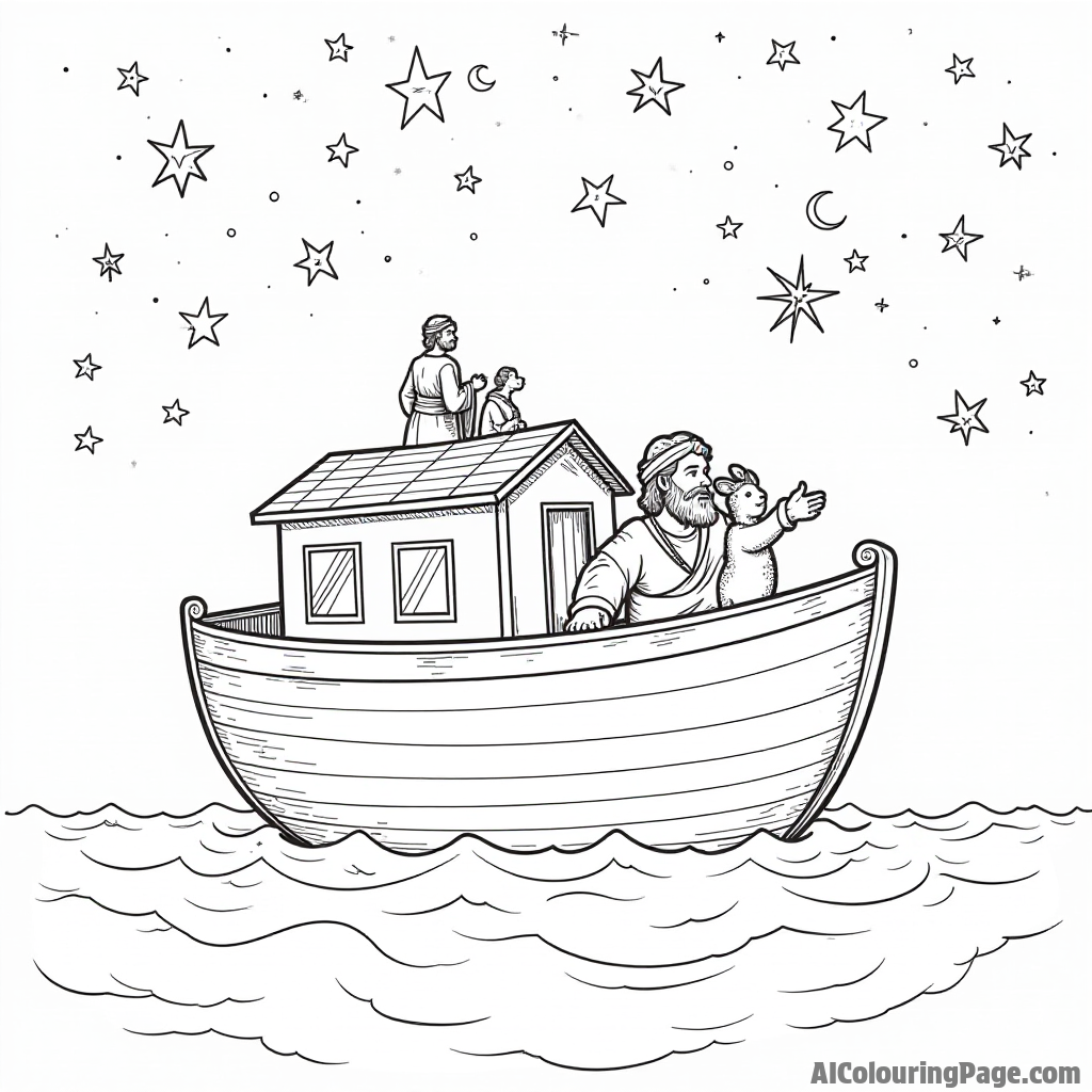 The ark floating peacefully on a starry night, with Noah and a few animals gazing at the twinkling stars above.