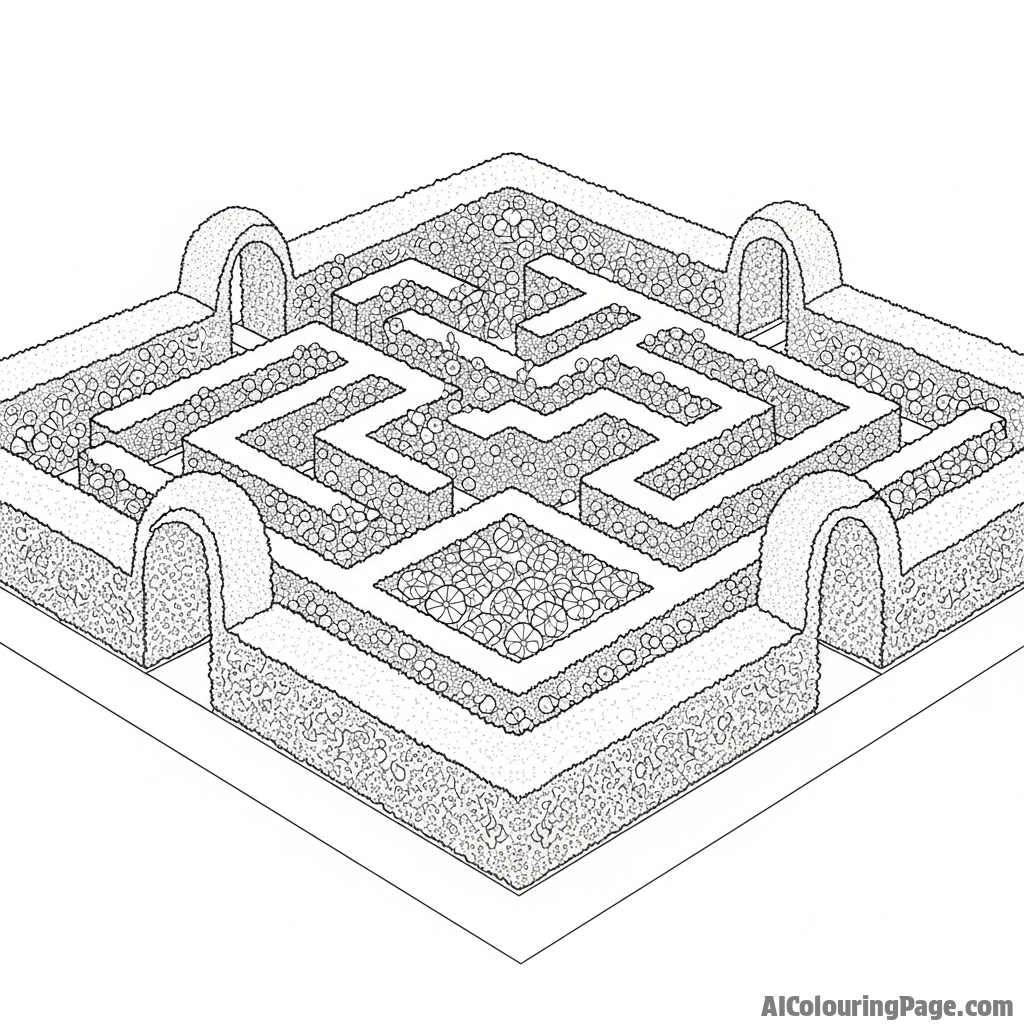 Aerial view of a maze made of hedges with flowers interspersed.