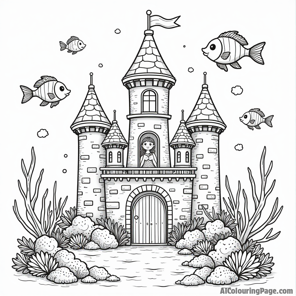 An underwater castle made of coral with a mermaid waving hello, along with colorful fish swimming around, providing an enchanting scene for young artists to color.