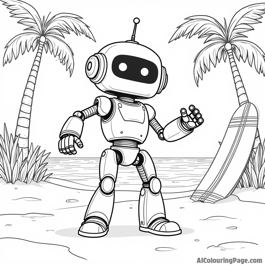 A playful Fortnite robot playing with a beach ball on a sandy beach with palm trees and a surfboard nearby for kids to color