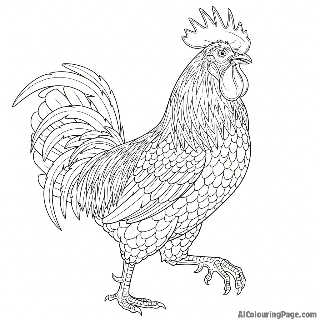 A low-angle shot of a rooster, making it look gigantic and powerful.