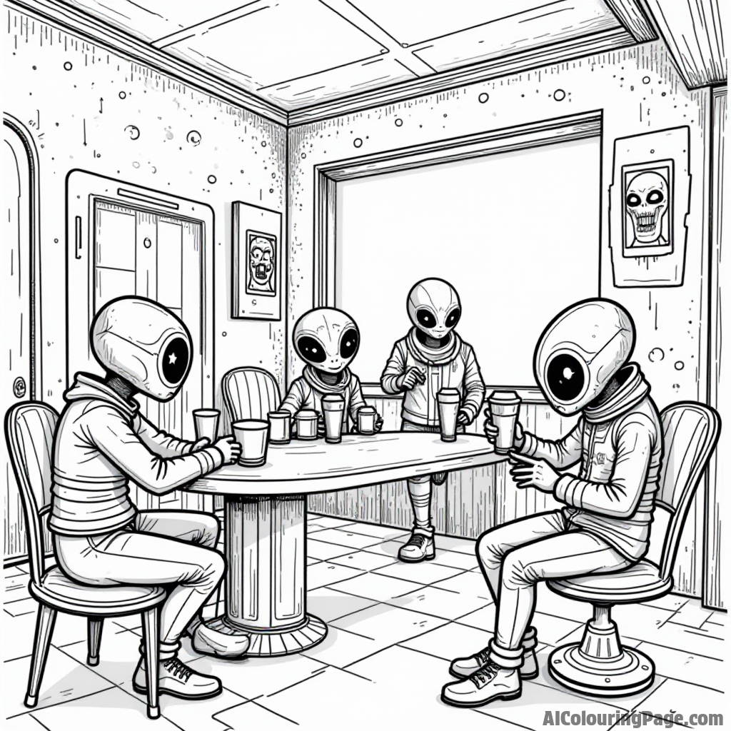 A scene of a cozy cantina with aliens enjoying drinks, playing holographic games, and a band playing lively music in the corner.