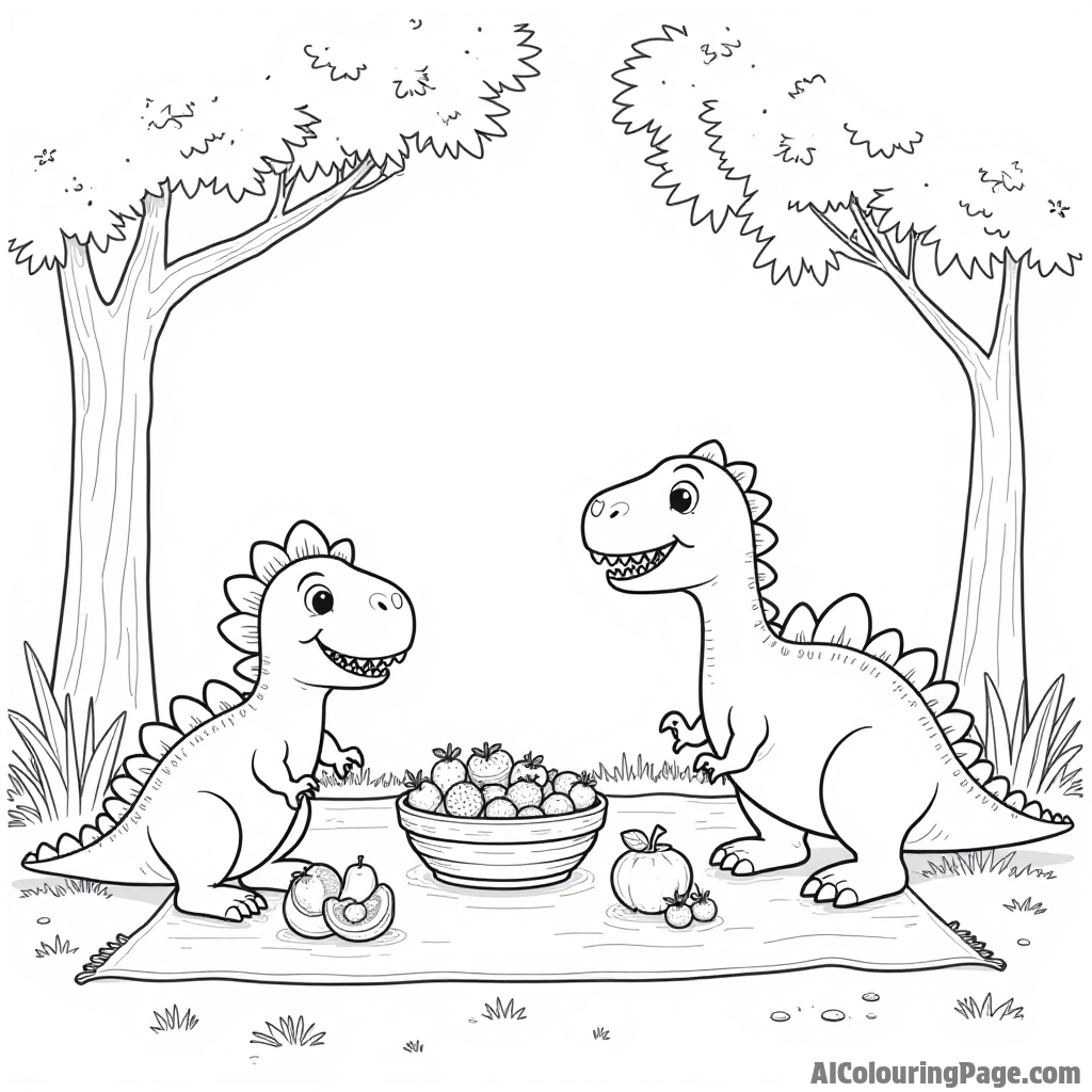 A cheerful dinosaur picnic scene with various dinosaurs enjoying fruits and snacks under a shady tree.