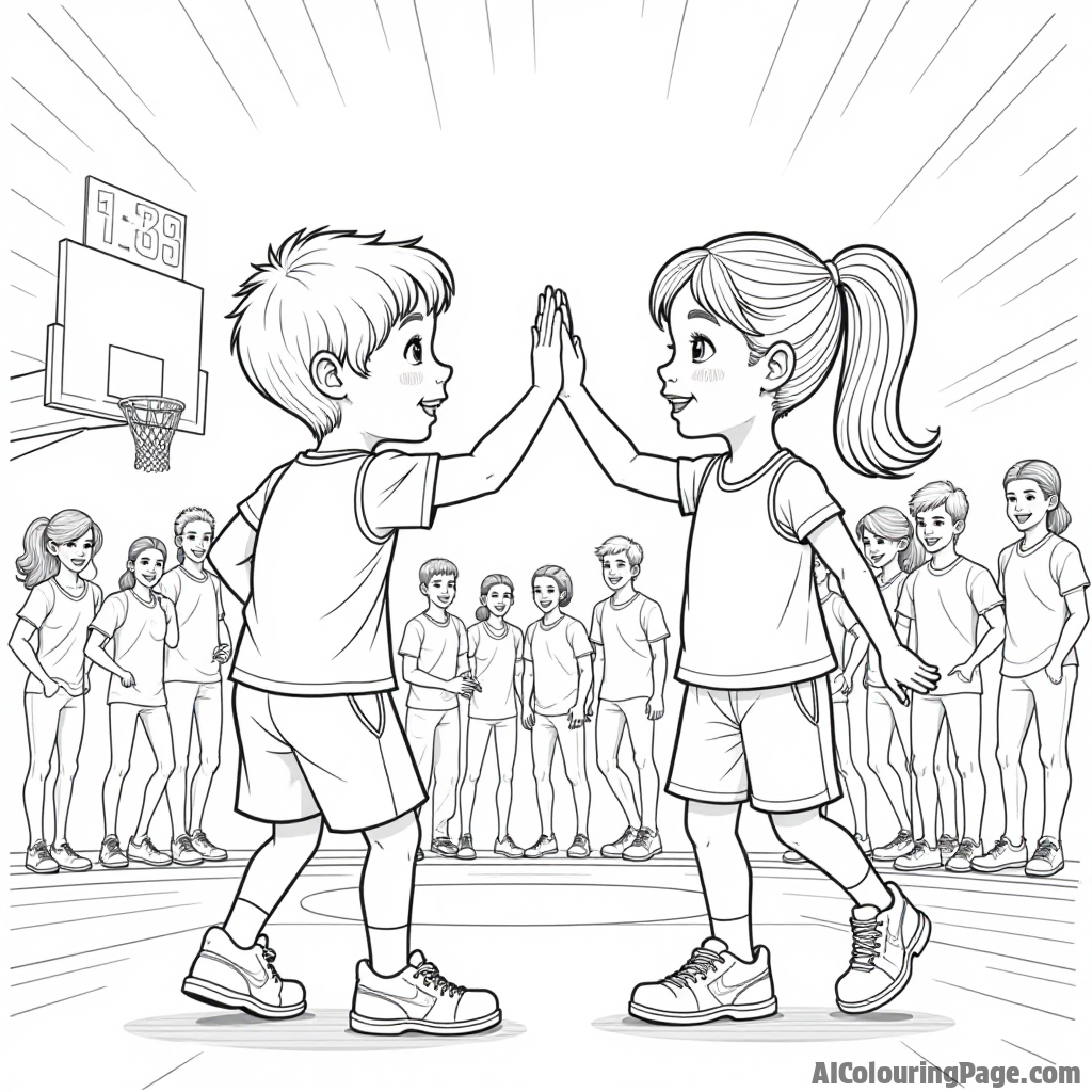 A young boy and girl exchanging high-fives after scoring points during a basketball game, with a scoreboard visible and their friends cheering in the background, great for a coloring page.