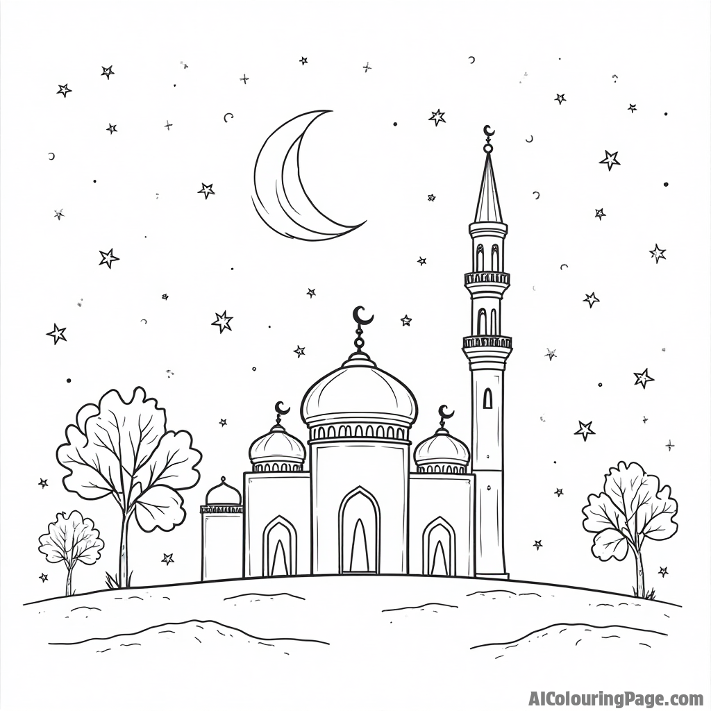 A serene night scene with a mosque silhouette against a starry sky, symbolizing peace and reflection during the holy month of Ramadan. Festivals and Traditions Coloring Sheets.