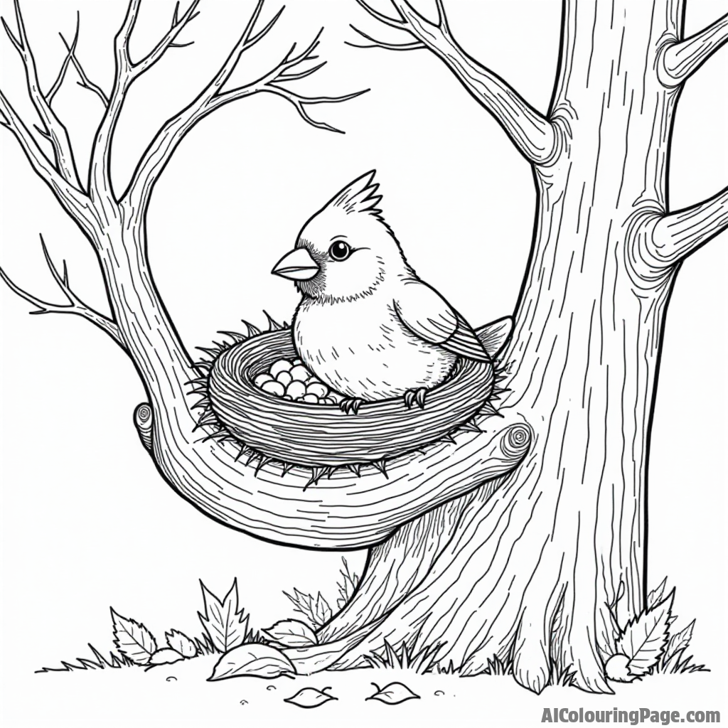 A playful cardinal building a nest in a cozy tree, with twigs and leaves scattered around for creative coloring.