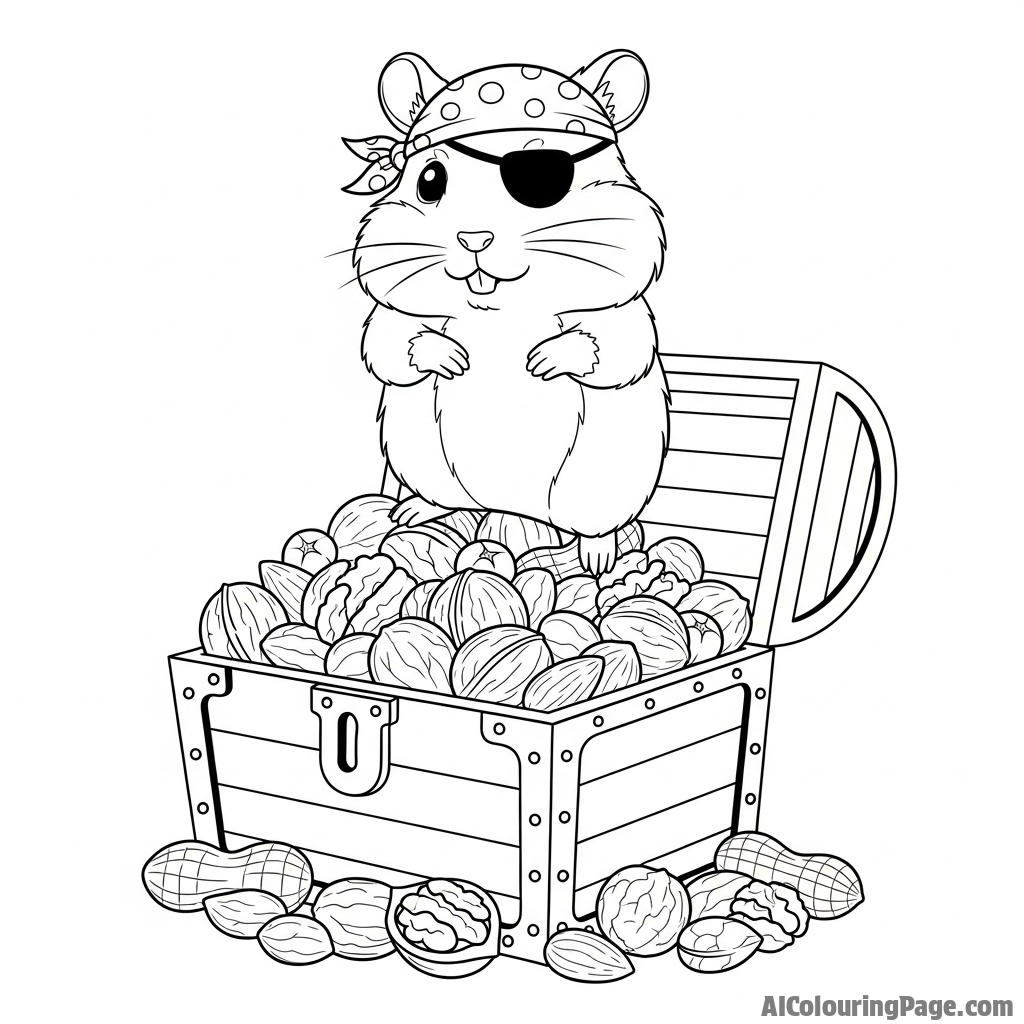 A hamster pirate with a tiny eye patch standing on a treasure chest of nuts